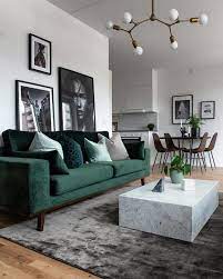 Modern Scandinavian Living Room Emerald Green Couch Wall Art Marble Table Grey Carpet Scandi Living Room Living Room Scandinavian Small Modern Living Room