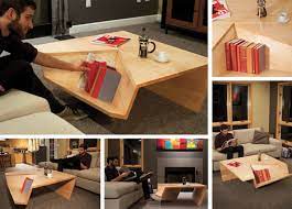 For a larger area, a round coffee table or square coffee table can fill empty space and balance out the dimensions of the room. Nook Coffee Table Sports An Oddly Shaped Bookshelf Corner