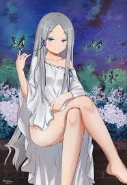 humany, pandora (re:zero), re:zero kara hajimeru isekai seikatsu, highres,  blue eyes, blue ribbon, brick wall, bug, butterfly, crossed legs, dress,  flashing, forest, long hair, long legs, naked from the waist down, nature,