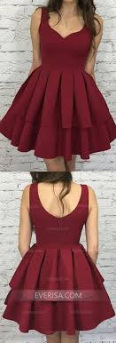Elegant Burgundy Scoop Neck Backless Satin Cocktail Dress Tiered Homecoming Dress Satin Homecoming Dress Prom Dresses Sleeveless Burgundy Homecoming Dresses