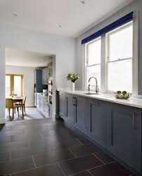 This Classic Style Kitchen Has Been Hand Painted In A Gorgeous Blue Paired Perfect Kitchen Flooring Ideas Inexpensive Slate Floor Kitchen Inexpensive Flooring
