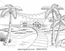 Beautiful black and white landscape drawing. Sea Coast Beach Party Vector Photo Free Trial Bigstock