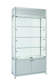They are typically placed in the center of rooms and allow for 360° viewing. Aluminium Double Door Glass Display Cabinet Storage Top Section