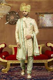 Cream And Green Mens Sherwani Groom Dress Men Sherwani For Men Wedding Indian Groom Wear