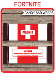 I used photo mounting squares to adhere, but you could also use double sided tape. Fortnite Hershey Candy Bar Wrappers Medkit Candy Bar Party Favors