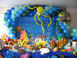 A spectacular party table always begins with the backdrop, and this one certainly is spectacular. How Cute Is This Sea Theme For A Party Kids Party Decorations Kids Party Party Decorations