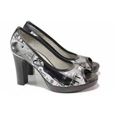 Елегантни дамски обувки, естествена кожа с апликации, отворени пръсти,  платформа, висок ток / Ани 41750 черен вестник / MES.BG