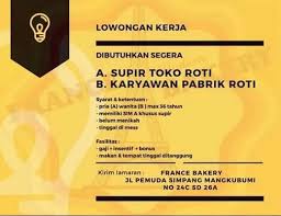 Be one of the first to write a review! Lowongan Kerja Sopir Driver Dan Karyawan Pabrik Di France Bakery Medan Atmago