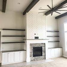 This is a project video showing how to install a w pattern/chevron shiplap around a fireplace bump out. Thinking Of This Beauty Today Herringbone Shiplap Floating Shelves And Light For D Built In Around Fireplace Built In Shelves Living Room Fireplace Built Ins