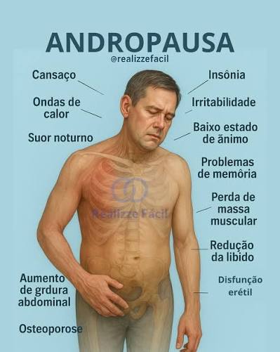 A andropausa é uma fase natural que ocorre com a diminuição gradual da  testosterona nos homens, geralmente após os 40 anos. Entre os principais  sintomas estão: cansaço constante, irritabilidade, insônia, suores noturnos,