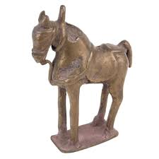 This horse statue reflects horse and rider at the same time. Brass Horse Statue Wearing A Saddle Showpiece