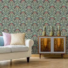 Flora Nouveau Peacock Green Wallpaper Dunelm Green Wallpaper Retro Floral Wallpaper Art Nouveau Floral Pattern