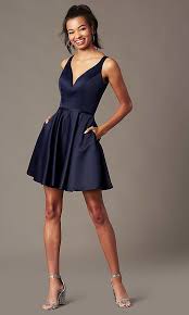 Navy Blue Short Satin Party Dress With Pockets Navy Blue Bridesmaid Dresses Short Navy Blue Party Dress Navy Blue Bridesmaid Dresses