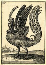 Black Bird With Two Long Tail Feathers A Harpy Facing Left Bird Like Creature With A Long Tail And Human Head Wearing A Hat With Two Long Feathers Landscape Background W Medieval Art Art Woodcut
