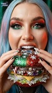 This one was never meant to be neat., I bite into a Christmas candy burger  stacked way too high sugared bun, jewel candies, crunch, cream, and that  sticky holiday sweetness that gets everywhere. Messy ...