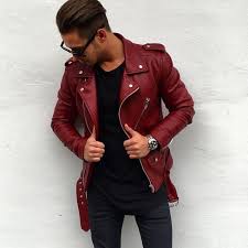 New Men Genuine Lambskin Leather Jacket Maroon Slim Fit Biker Motorcycle Jacket Leathercraze Motorcy Mens Fashion Edgy Leather Jacket Men Jackets Men Fashion