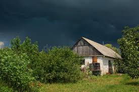 Heavy Rain Near an Old Abandoned House in a Distant Village. Green Nature  Stock Image - Image of house, building: 182600551