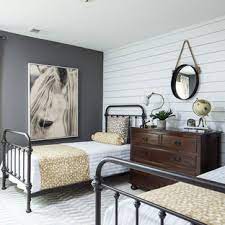 The perfect amount of natural texture in this otherwise tile and glass space. 75 Beautiful Farmhouse Guest Bedroom Pictures Ideas July 2021 Houzz