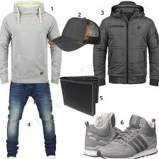 Hellgrau Dunkelgraues Herrenoutfit Mit Hoodie Und Jacke Mens Clothing Styles Mens Fashion Cat Casual Fall Outfits