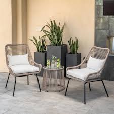 Shae 3 Piece Wicker Patio Conversation Set With White Cushions Conversation Set Patio White Cushions Seating Groups