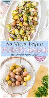 No Mayo Vegan Potato Salad This Savory Vegan Recipe In 2021 Vegan Potato Recipes Vegan Side Dishes Vegan Summer Recipes