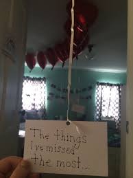 I Tied 9 Cards Each One Telling Him Something I Ve Missed While He S Been Gone To Heart Balloo Welcome Home Boyfriend Welcome Home Parties Welcome Home Signs