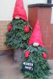 Create Diy Gnomes By Using Small Trees Mittens And Felt For The Noses And Hats Outdoor Christmas Decorations Christmas Wreaths Christmas Diy