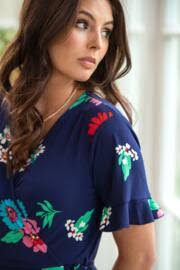 Megan Fuller Bust Slinky Jersey Frill Detail Midi Wrap Dress in Navy Floral 