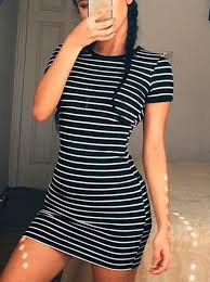 Casual Round Neckline Striped Bodycon Dress Victoriaswing Http Spotpopfashion Com Im8o Short Sleeve Mini Dress Bodycon Dress Casual Striped Bodycon Dress