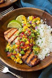 Grilled Lime Salmon With Avocado Mango Salsa And Coconut Rice Recipe Yummly Recipe Summer Recipes Dinner Healthy Summer Dinner Recipes Salmon Dishes