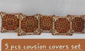 5-Piece Velvet Jacquard Cushion Cover Set – Rust Gold Floral Embroidery | Premium Home Décor