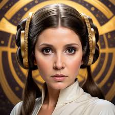 A beautiful Princess Leia, long flowing dark brown h...