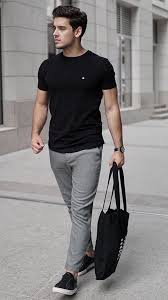 Cantimagineit With A Simple Monochrome Summer Outfit With A Black T Shirt Gray Trousers Black Lea Spring Outfits Men Mens Casual Outfits Trendy Mens Fashion