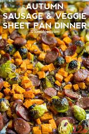 Autumn Sausage And Veggie Sheet Pan Dinner Recipe Beef Smoked Sausage Recipe Smoked Sausage Recipes Sausage Sweet Potato Recipes
