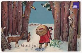 Merry Christmas God Jul Lovely Swedish Greeting Card 1909 Santa Claus Hood Snow Winter Rabbit Doe Hind Forest Vintage Ephemera In 2020 Christmas Greetings Greeting Cards Postcard