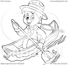 Coloring page with educational implication is a real treasure for parents: Clipart Graphic Of A Black And White Lineart Happy Scout Boy Rowing A Boat Royalty Free Vector Illustration By Visekart 1450329
