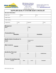 Supplier Quality System Audit Checklist Elbit Systems Of