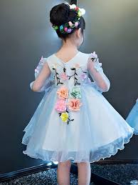 Embroidery Lace Stereoflowers Party Holidays V Neck Collar Long Sleeves Mini Dress With Free Shipping Kids Designer Dresses Frock Patterns Kids Party Dresses