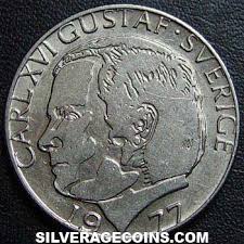 Three small crowns within crowned shield. 1977 U Carl Xvi Gustaf Swedish Krona Silveragecoins