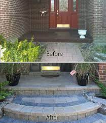 In this case, the paver step has been created with a front retaining riser and pavers arranged behind the riser and the retaining riser of the next step up. Pin By Cedargate On Before And After Landscaping Entryway Diy Front Porch Front Walkway
