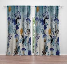 Floral Black And Cream Curtains Monochrome Blue Floral Print Window Curtain Panels Long Etsy Panel Curtains Window Curtains Window Curtain Designs