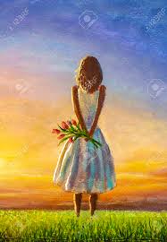 Oil painting yellow, white and red gerbera. Beautiful Girl Woman Mom With A Bouquet Of Flowers In A Summer Field Admires Colorful Sunset Dawn Oil Painting Back View Stock Photo Picture And Royalty Free Image Image 142693721