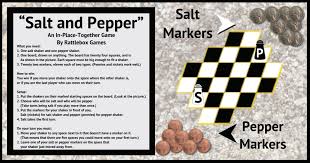 The court is a large square (outside lines) of sixteen (16) feet by sixteen (16) feet broken up into four equally sized internal squares (inside lines) of eight (8) feet. Salt And Pepper An In Place Together Game Rattlebox Games