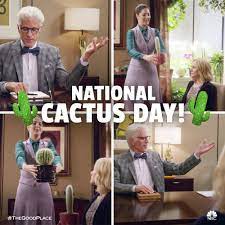 In this series of images, characters michael (ted dansen) and janet (d'arcy carden) speak janet says that she has obtained something that michael wanted, and michael doesn't believe her, thinking that she just has a cactus. The Good Place Hey Janet We Could Use A Cactus Today Facebook