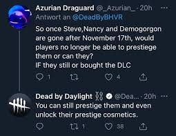 Mar 12, 2020 · permanent dlc unlocker for dbd 3.5.0. Paultie Geisther On Twitter I Ve Seen This Asked A Few Times You Don T Have To Rush To Prestige Your Stranger Things Characters Before November 17th You Can Unlock The Prestige Outfits Later