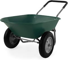 Has handles and one or more wheels Amazon Com Best Choice Products Dual Wheel Home Utility Yard Wheelbarrow Garden Cart W Built In Stand For Lawn Gardening Grass Soil Bricks And Construction Green Garden Outdoor