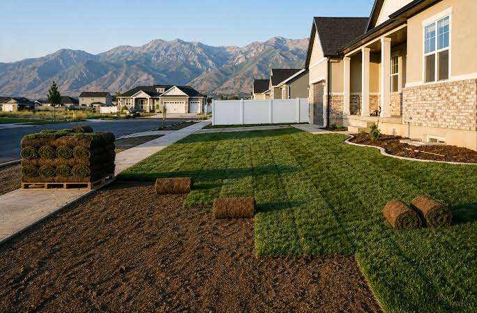 Residential sod installation around a home
