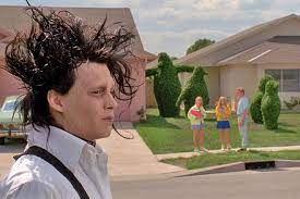 Johnny depp, winona ryder, alan arkin, dianne wiest, and robert oliveri in edward scissorhands (1990) Throughout Reading Bnw I Kept Thinking Back To Edward Scissorhands Edward Is Equivalent To John The Savage Edward Scissorhands Film Inspiration Johnny Depp