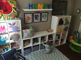 Baby Nursery Toddler Play Room Three Ikea Cube Shelves Kallax With 3 Sprout Animal And Blue Chevron Bins For Storing Ikea Kids Playroom Ikea Playroom Boy Room