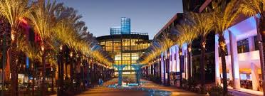 Convention Center Lighted Walk Way With Palm Trees On Both Sides Of The Sidewalk California Attractions Anaheim Anaheim Convention Center